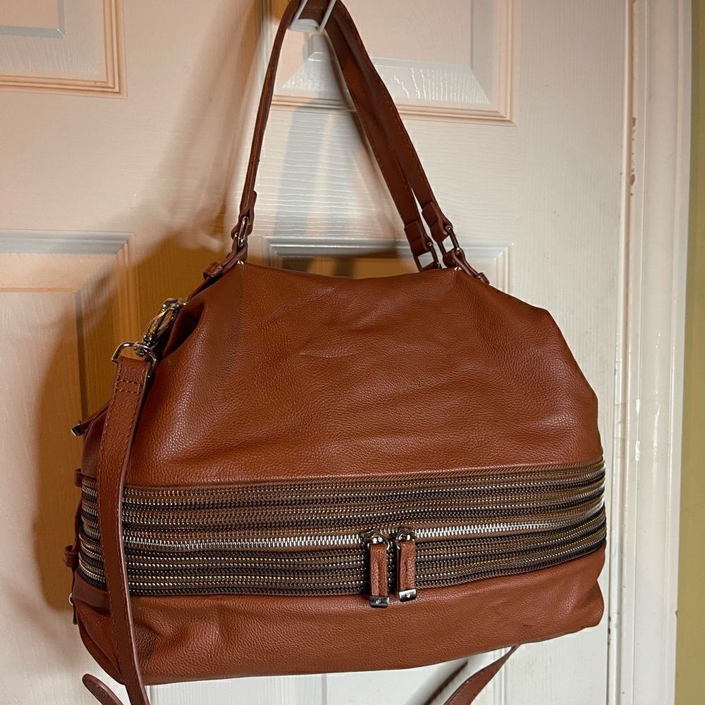 Big Buddha brown vegan zippered Satchel/shoulder bag gold tone hardwares.